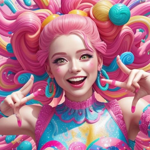 Whimsical Woman Dancing in Candyland