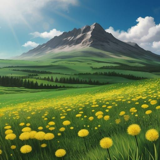 Vibrant Mountain Meadow Blooms with Dandelions