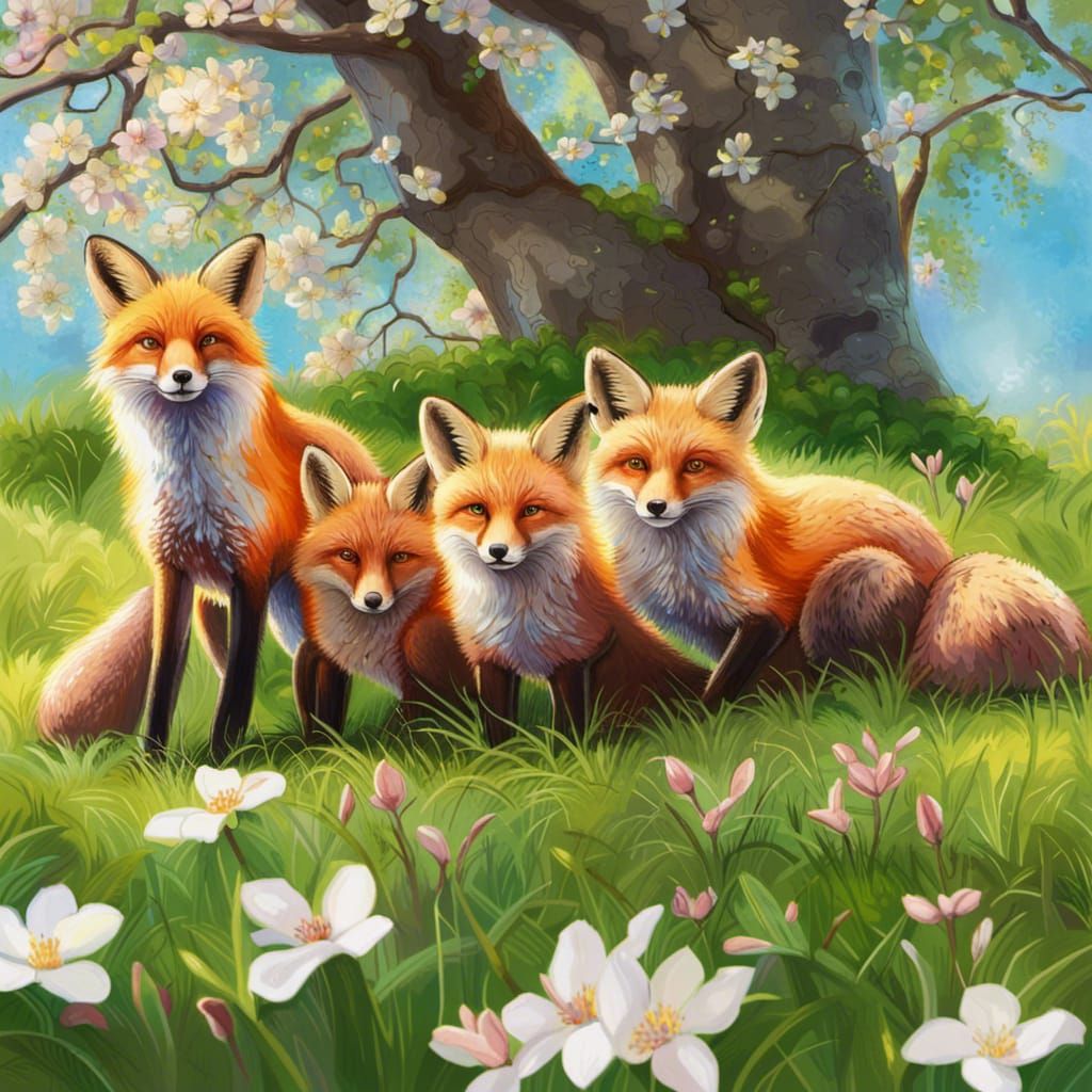 Fox Family Under Blossoming Trees: Hyperrealistic Splash Art