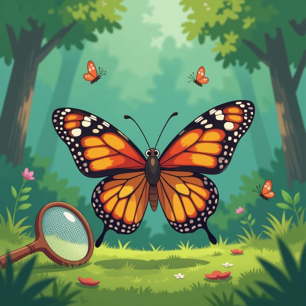 Confused Cartoon Butterfly Avoiding Net in Anime Style