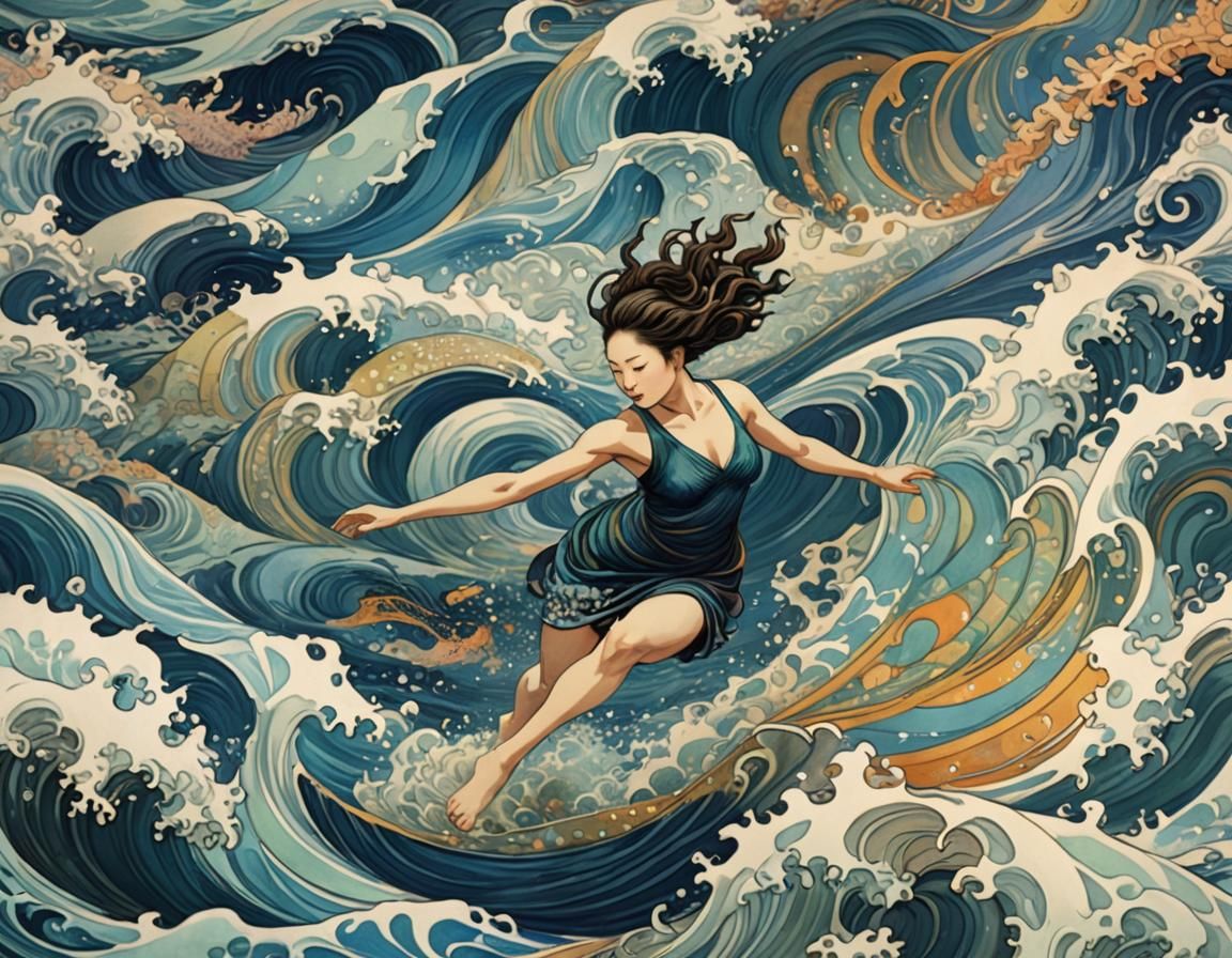 Iridescent Seascape: Woman Swimming in Hokusai Style