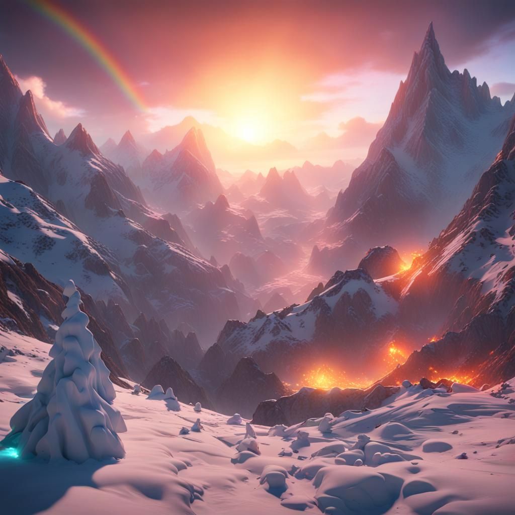 Fiery Winter Mountains with Rainbow Lights: 3D Game Art