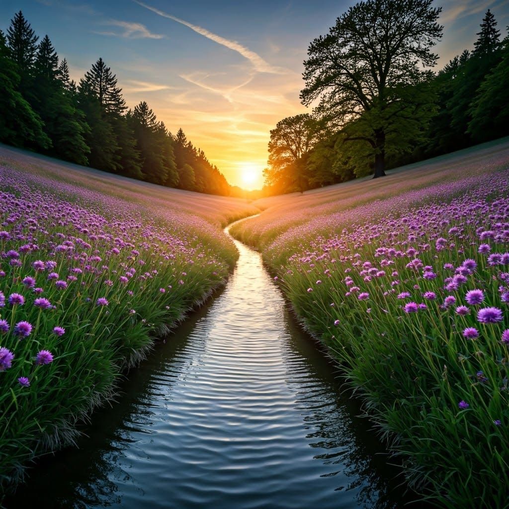River Through Flower Meadow at Twilight
