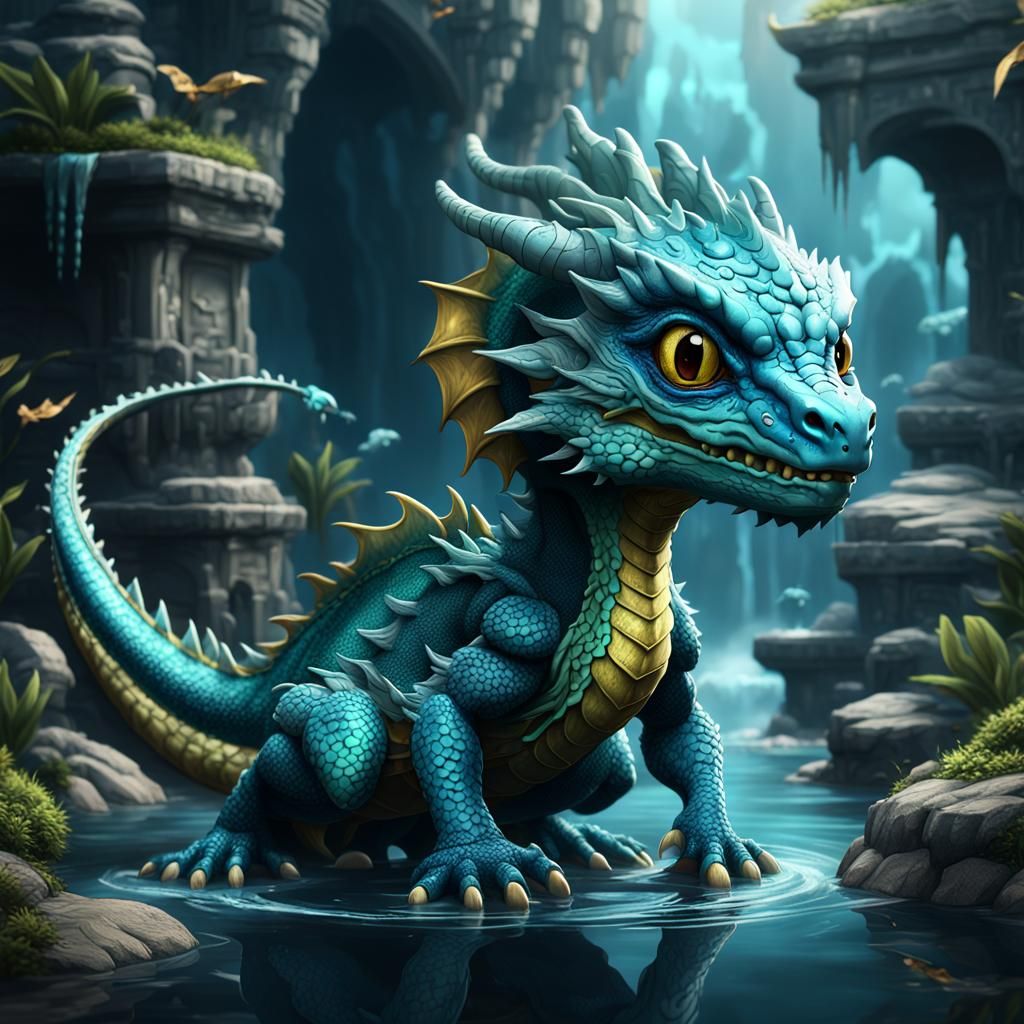 Chibi Water Dragon in Detailed Digital Painting