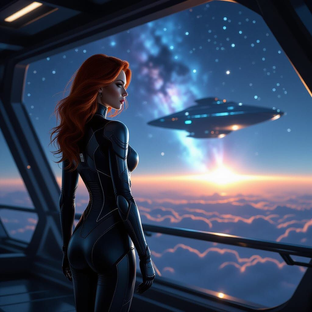 Redhead in Cyberpunk Suit on Spaceship Deck