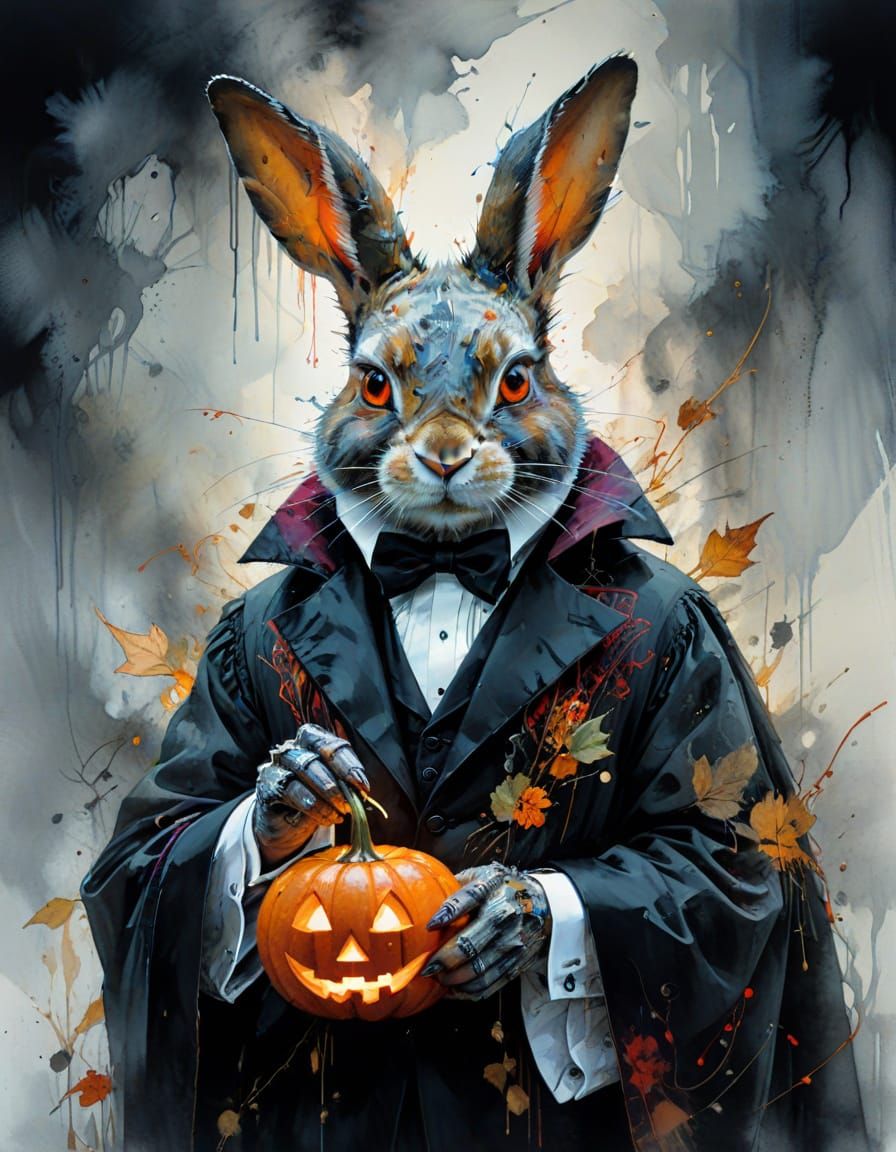Rabbit Dracula Holding Glowing Jack-O-Lantern in Surreal Sty...