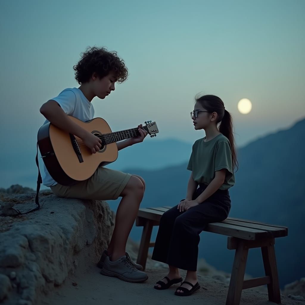Serenely Lit Mountain Scene with Boy Singing and Girl Listen...