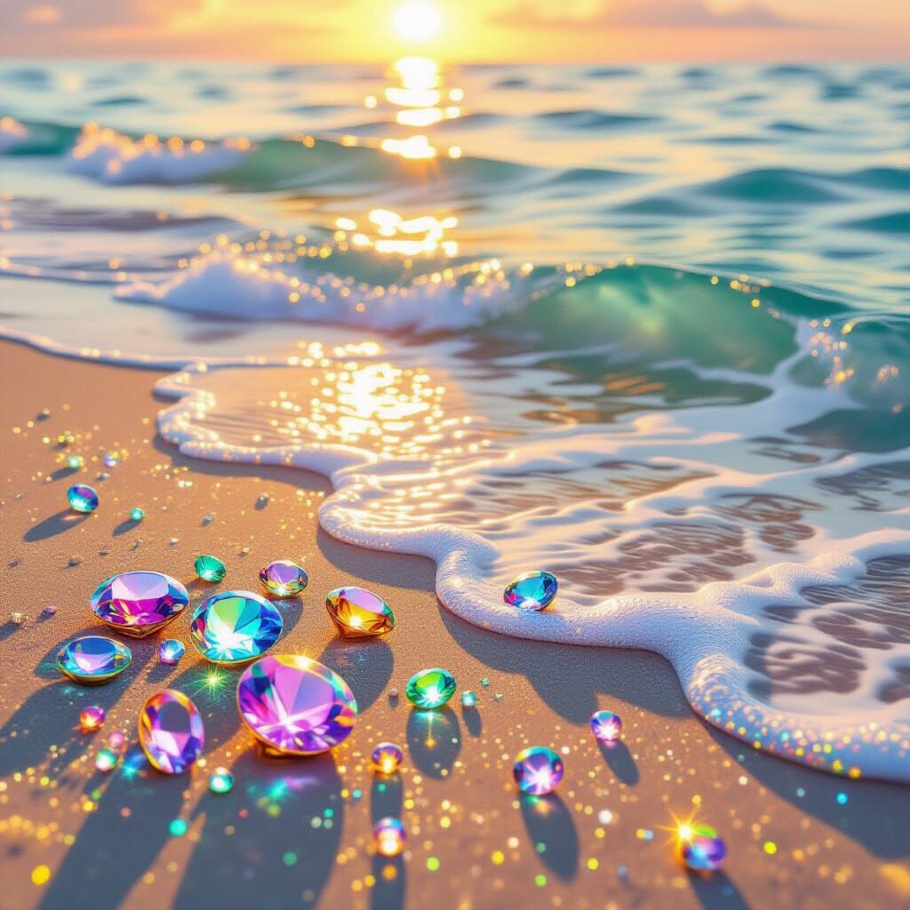Jewel-Toned Sea and Beach with Gems in Golden Hour Light