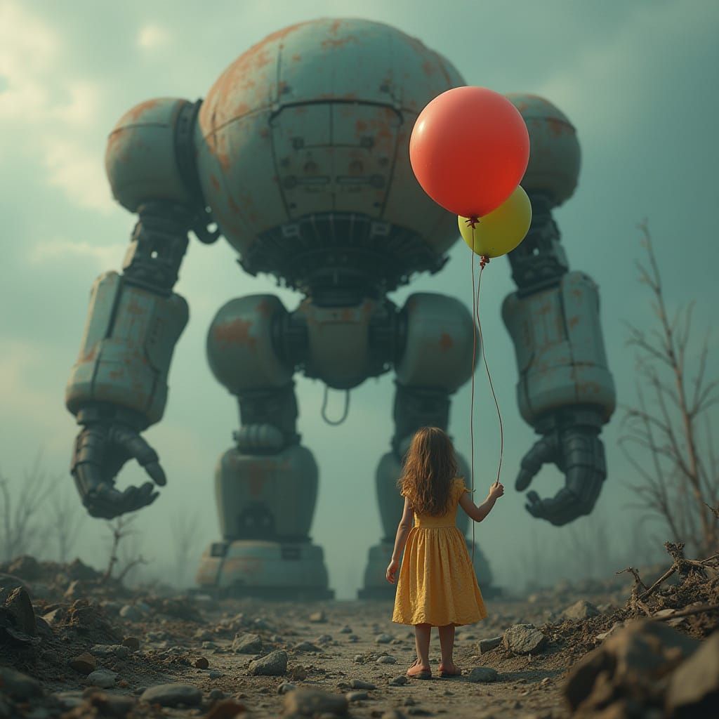 Girl and Robot in Post-Apocalyptic Landscape