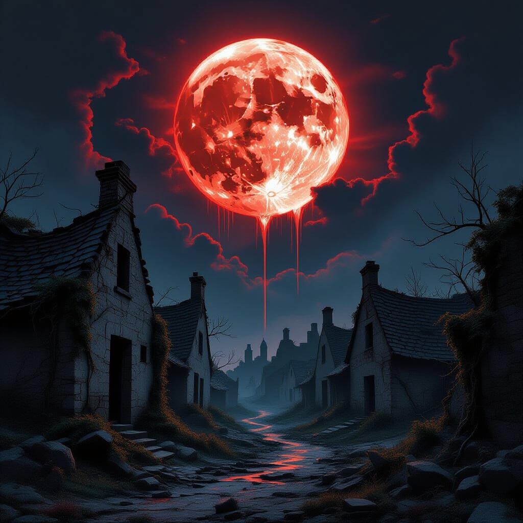 Ruined Village Under Bleeding Moon, in Gothic Biomechanical ...