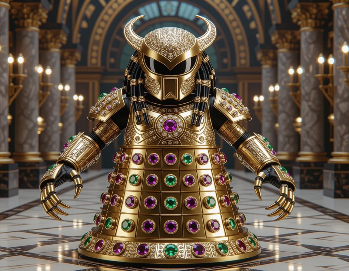 Bejeweled Sci-Fi Cyborg in Medieval TARDIS