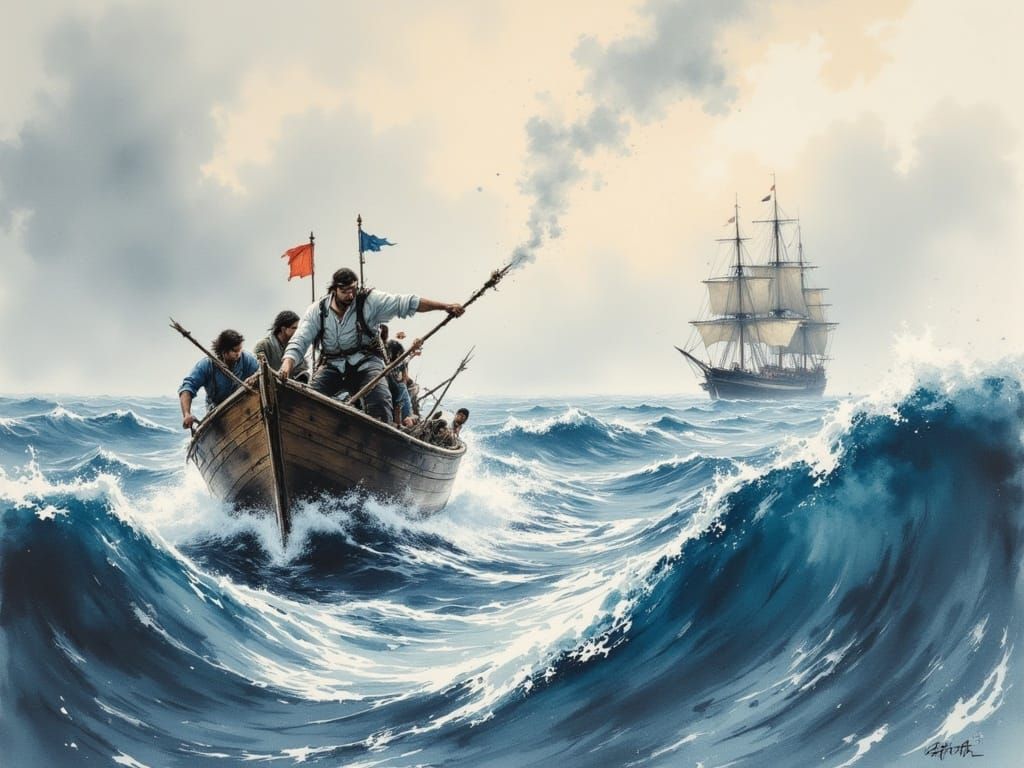 Energetic Whaling Scene in Stormy Waters