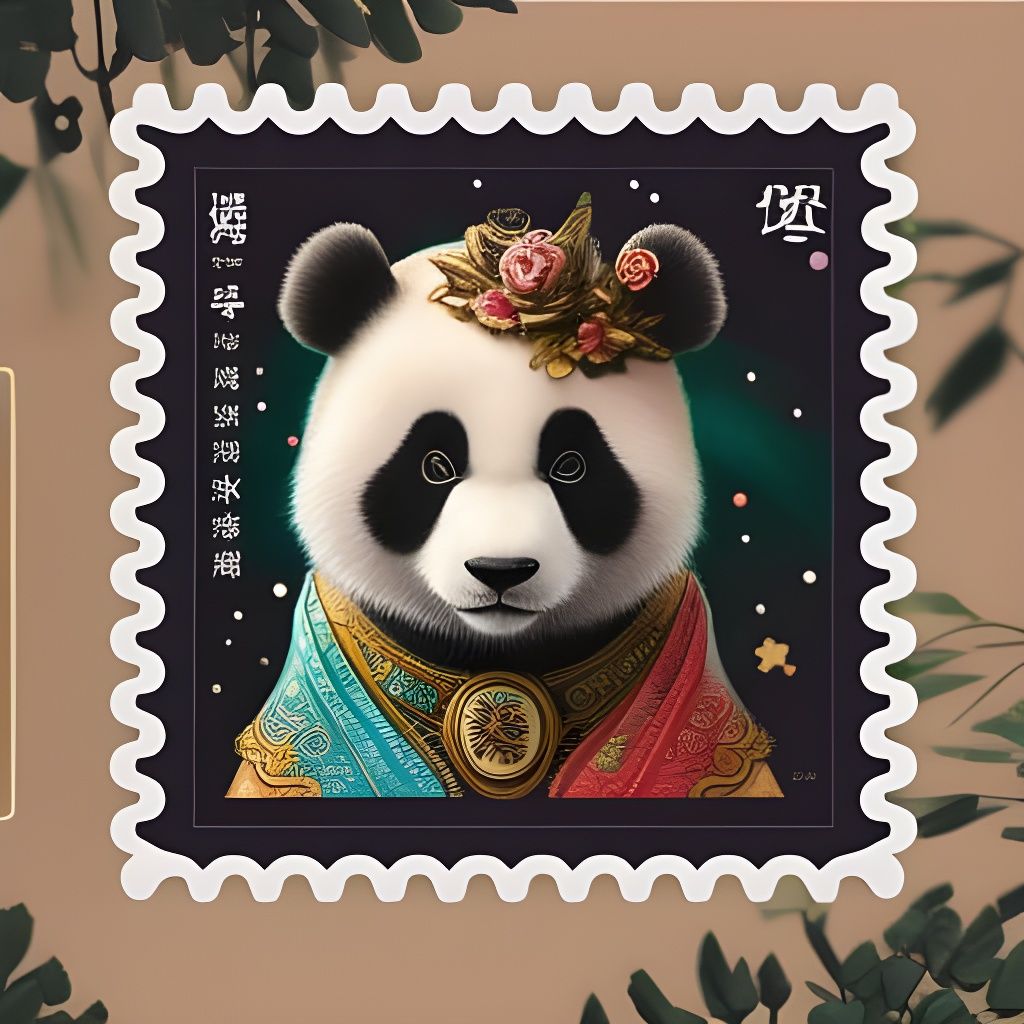 Cute Panda Postage Stamp in Japanese Block Art Style