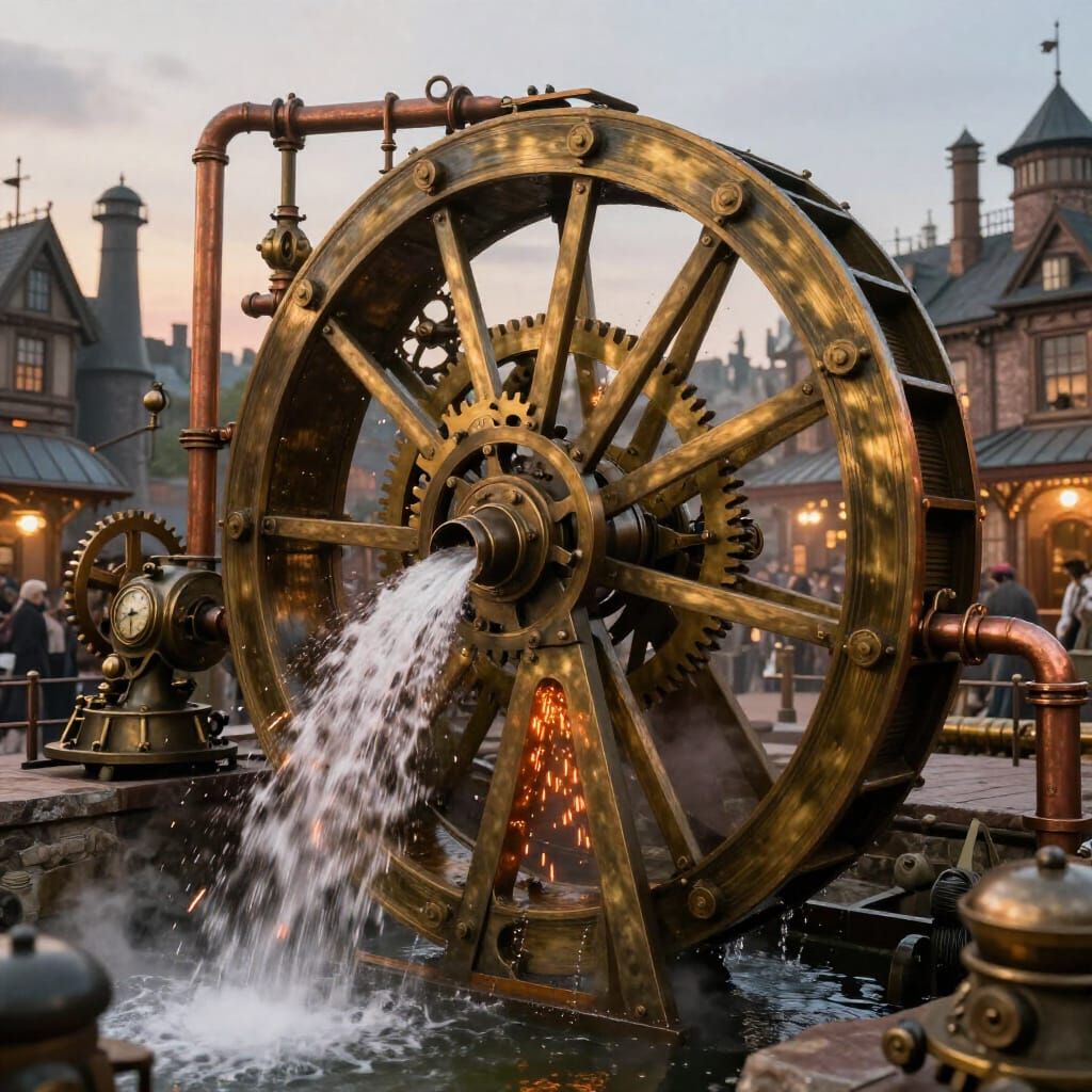 Steampunk Waterwheel With Brass Gears and Sparks