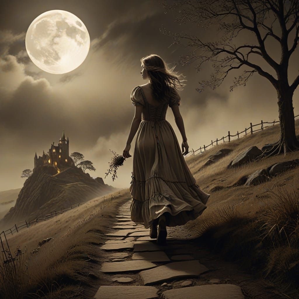 Moonlit Woman on Misty Hill in Dark Fantasy Art