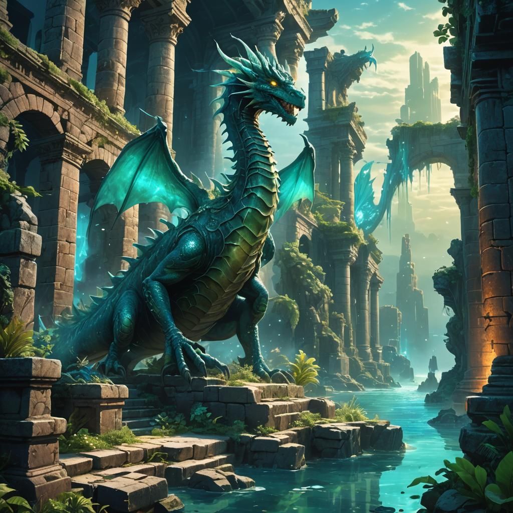 Sea Dragon Roaming Atlantis in Anime Style