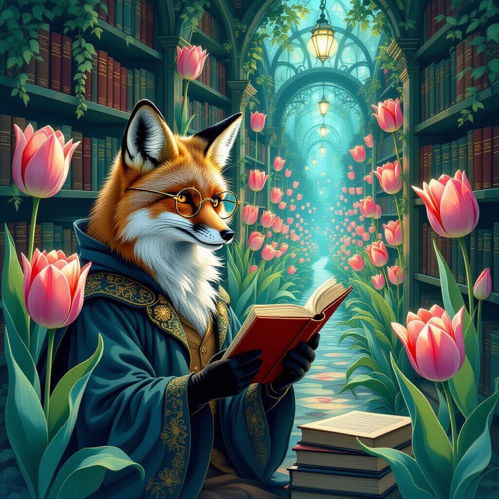 Scholarly Fox Librarian in Twilight Tulip Garden