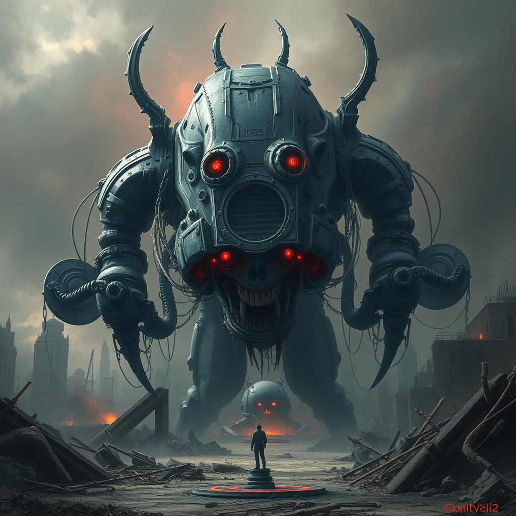 Ominous AI Machine in Dystopian Cityscape