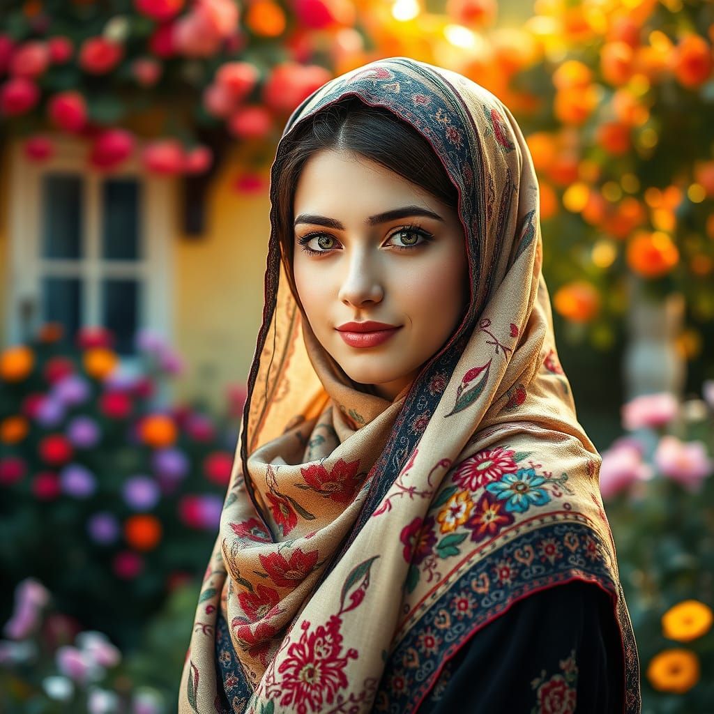 A portrait of a beautiful aqyoung Russian  woman in her hija...