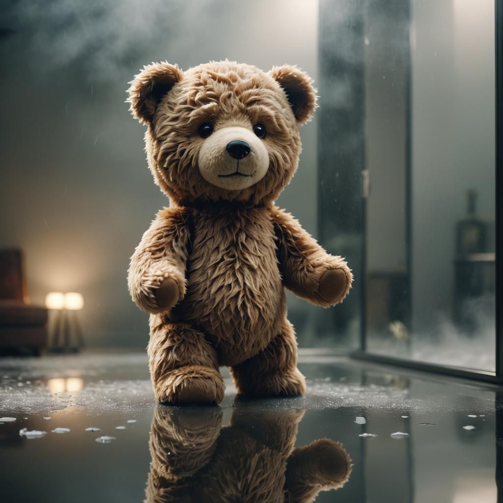 Hyper-Realistic Teddy Bear in Misty Mirror Reflection