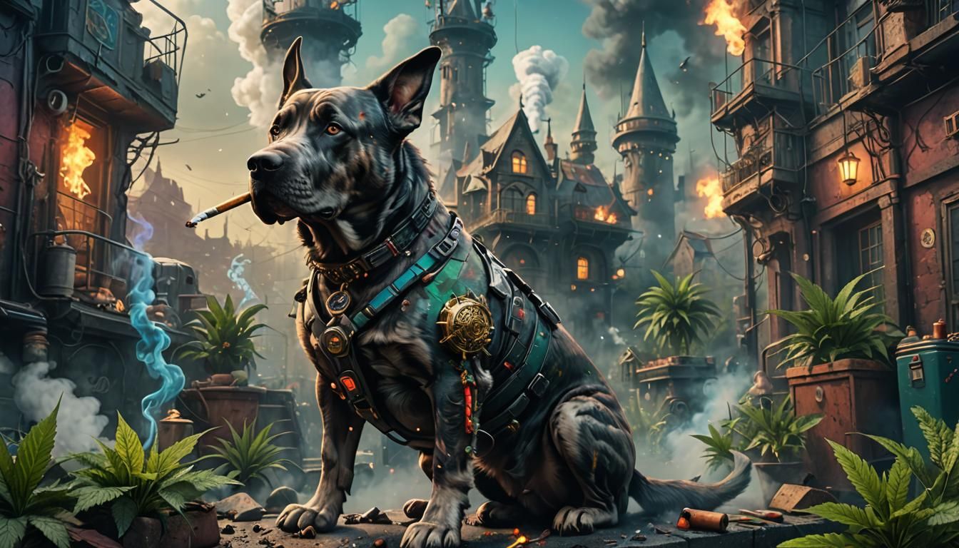 Cyberpunk Dog Smoking Joint with Cannabis Background