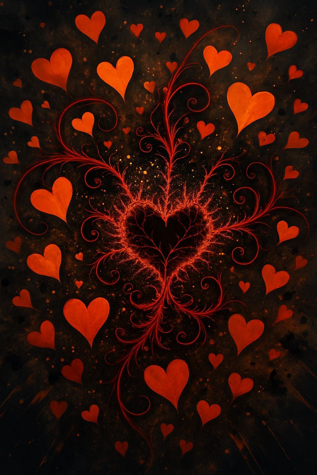 Majestic Fractal Heart with Orange Hearts and Gold Sparks