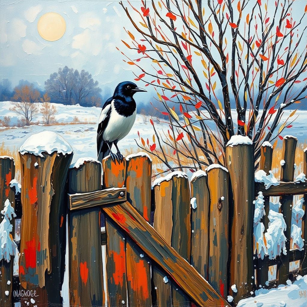 Impressionist Winter Dreamscape with Magpie on Gate
