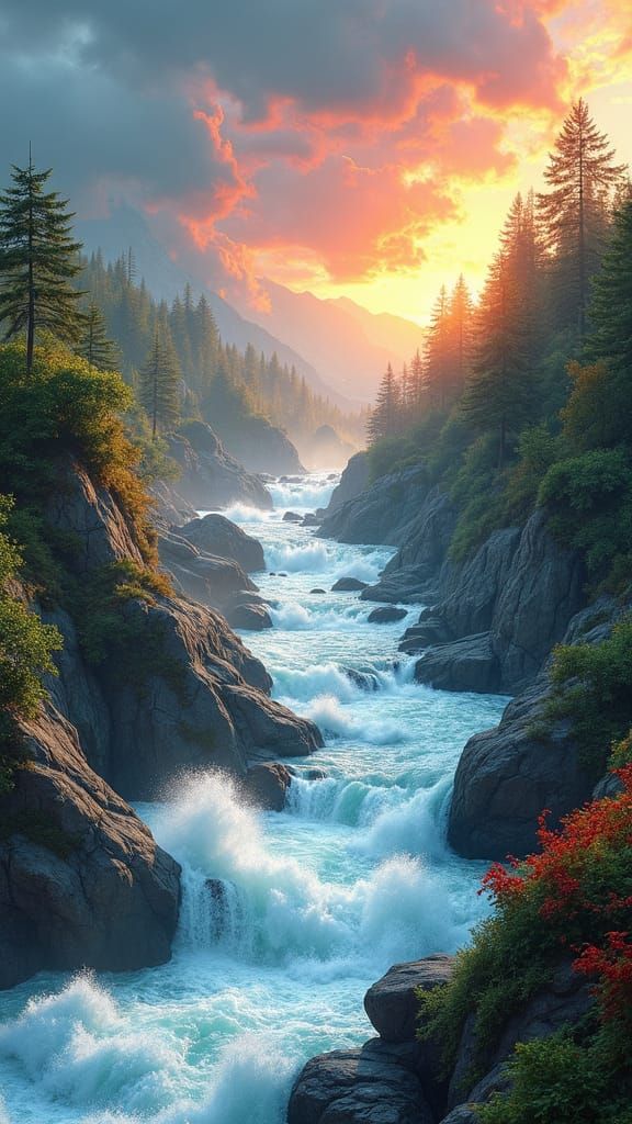 Raging River Landscape in Origami Paper Style