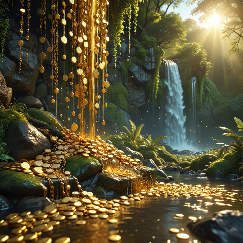 Majestic Waterfall of Gold Coins in Fantasy Forest