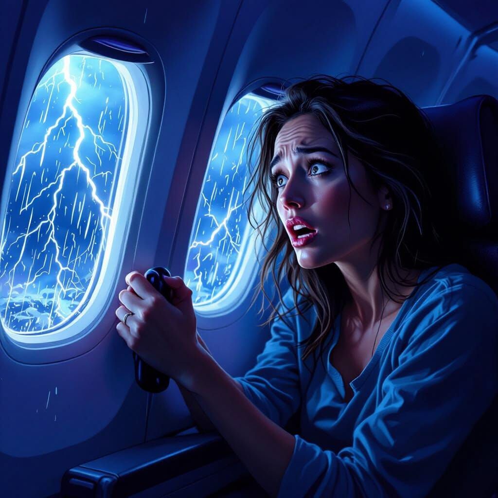 Woman Terrified During Turbulent Airplane Flight in Storm