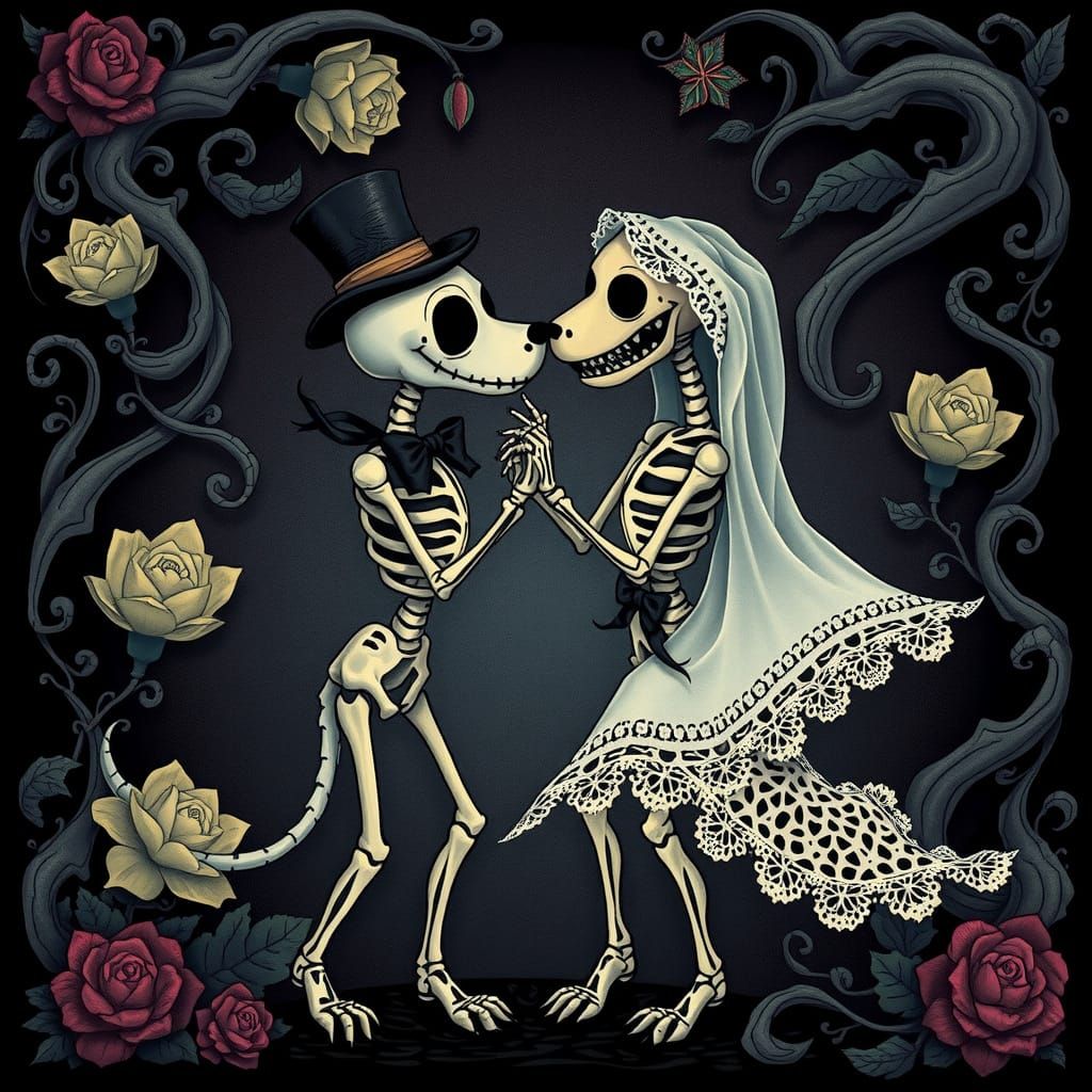 Ethereal Skeleton Canines Dance in Art Nouveau Fantasy