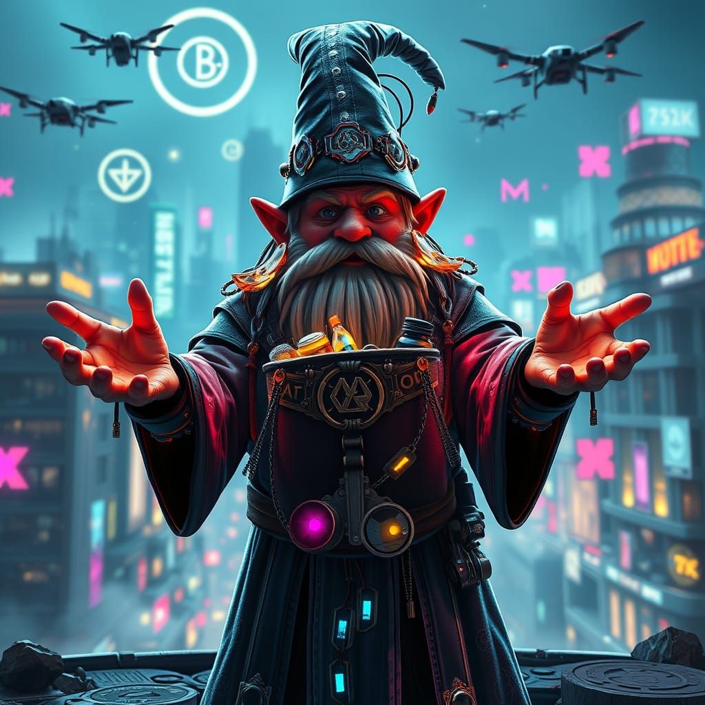 Cyberpunk Gnome Wizard Presents Magical Artifact
