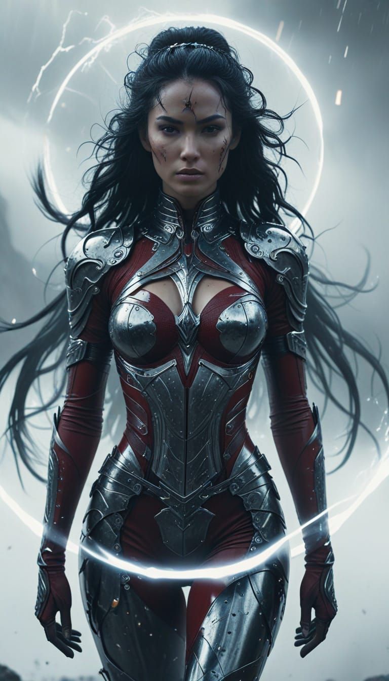 Warrior Queen in Crimson Catsuit on Battlefield