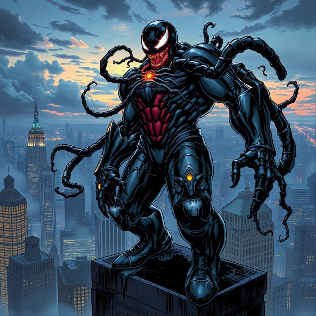 Twisted Iron Man Suit Worn by Venom Amidst a Dark Cityscape