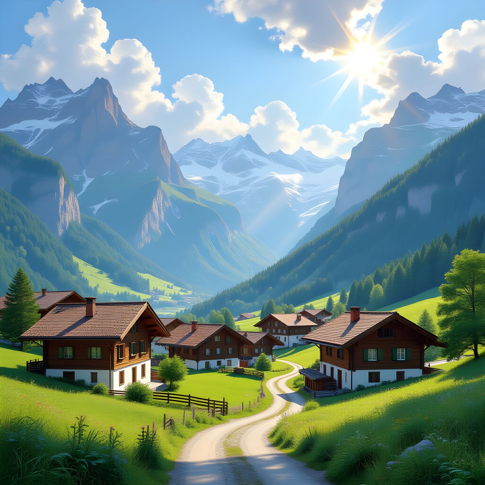 Swiss Alps Chalets in Summer Sunlight