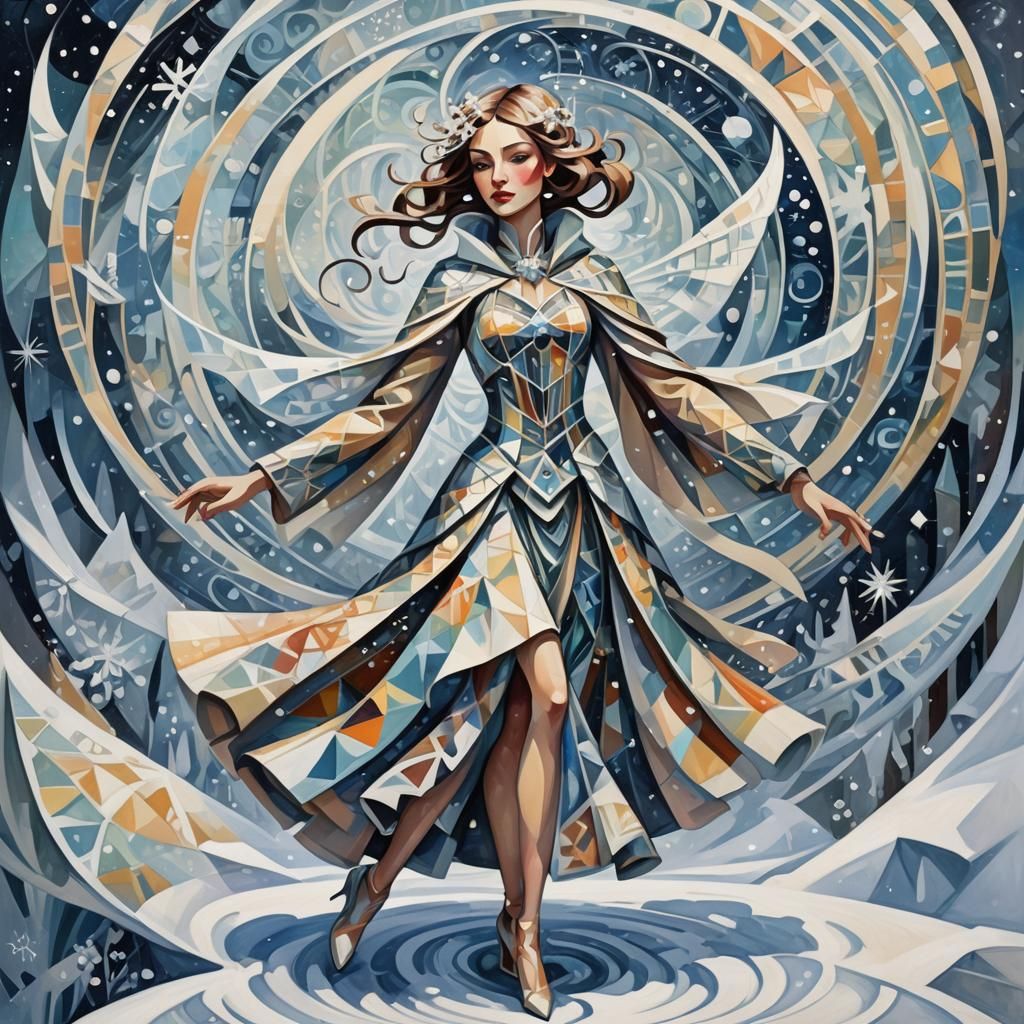 Fae Stepping Through Winter Vortex as Cubist Art