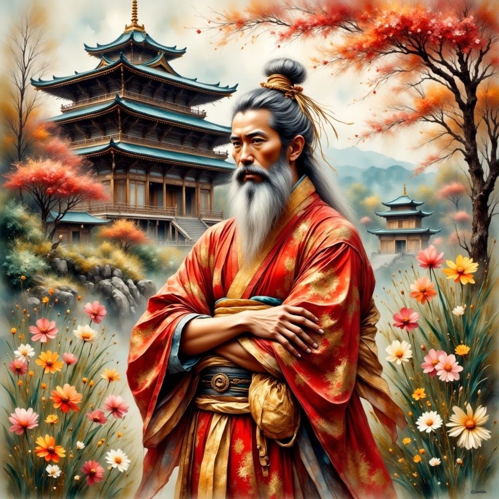 Japanese Man in Kimono in Impressionistic Garden