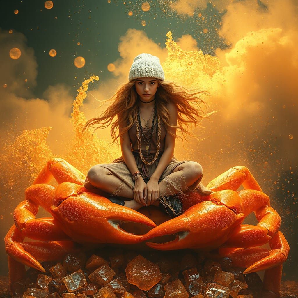 Woman on Gummy Crab in Soda Sea, Neon Futurism Style