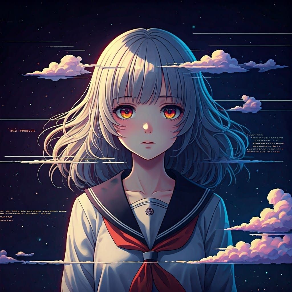 Glitched Anime Girl in Haunting Dreamscape