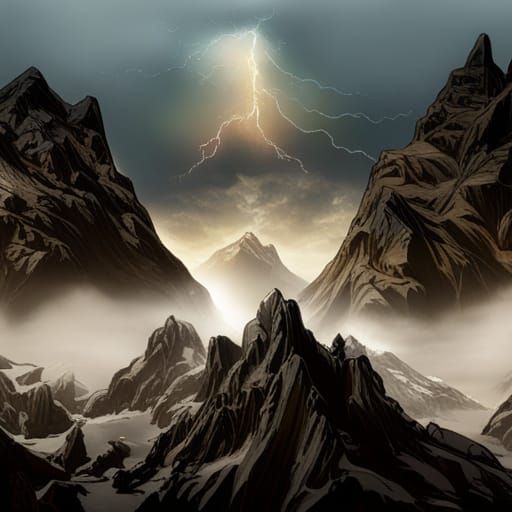 Wolf Pack in Snowy Mountains with Lightning