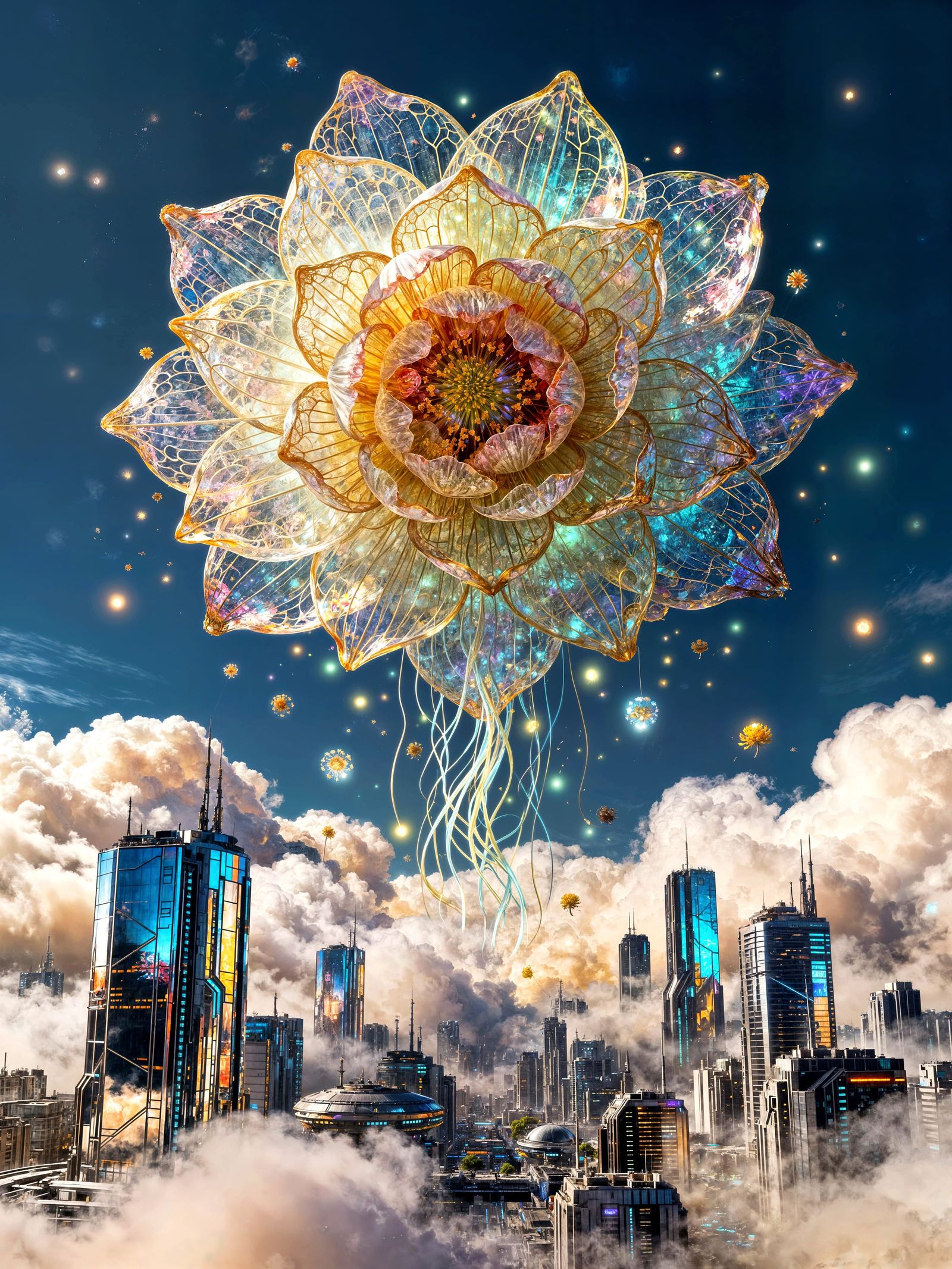 Epic Cityscape Floating on Giant Ornate Blossom