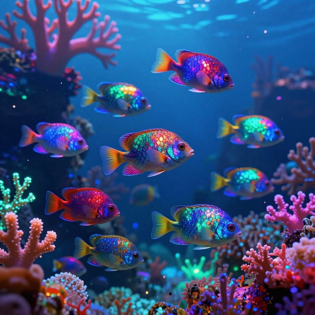 Gemstone Fish in Neon Rainbow Coral Reef Digital Painting