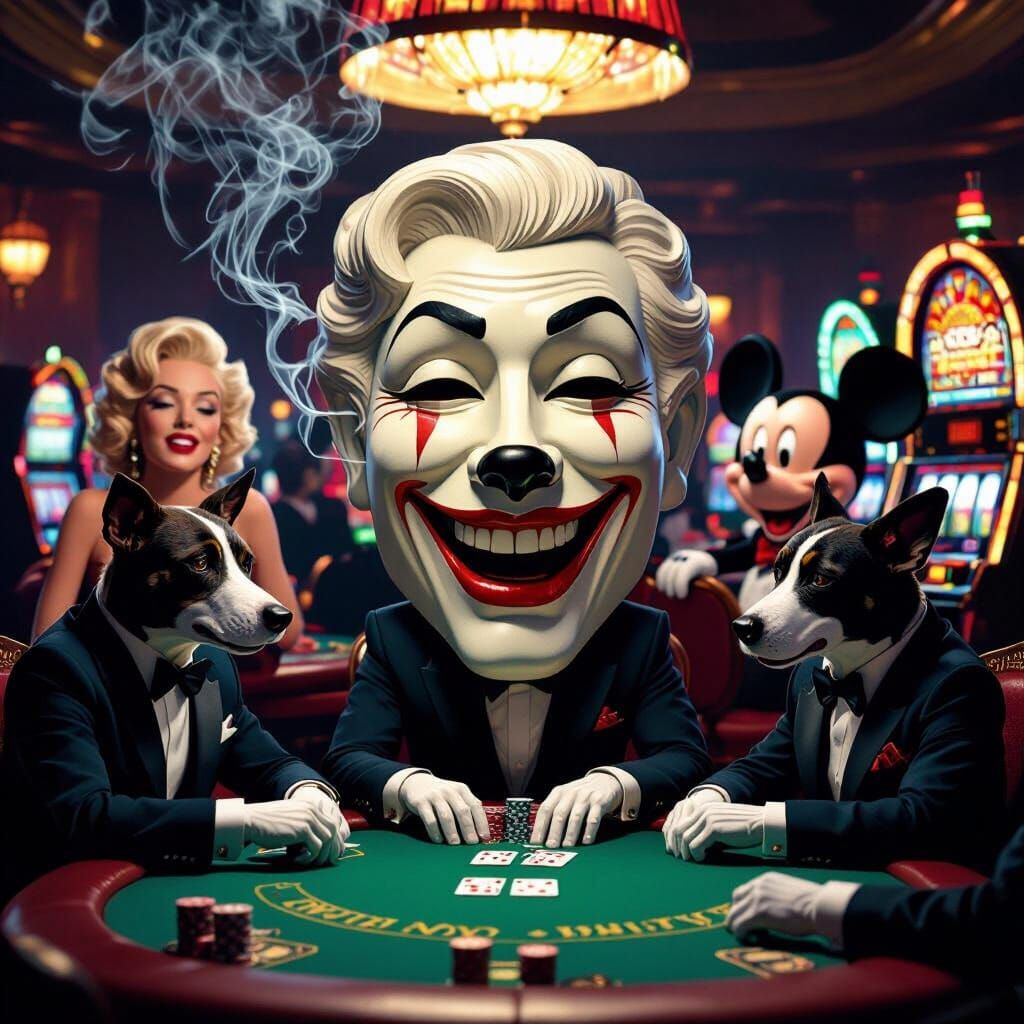 Dogs Play Poker in a Smoky Casino with Famous Silhouettes