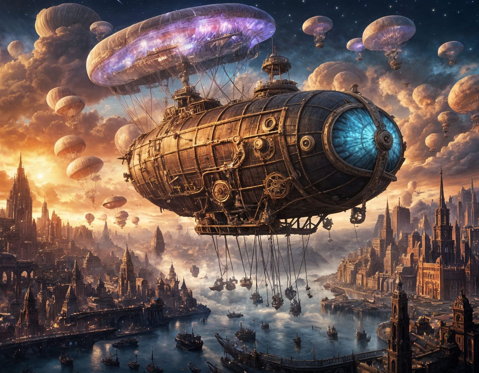 Steampunk Jellyfish Airship Metropolis in Bioluminescent Sky