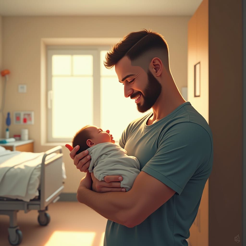Proud Father with Newborn Son in Hospital, Cinematic Realism