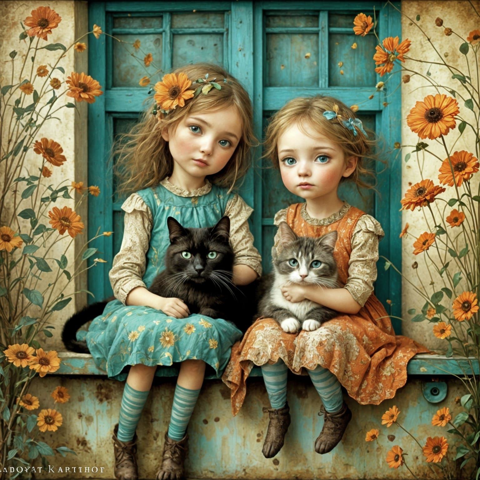 Girl and Cat Portrait in Surrealist Style