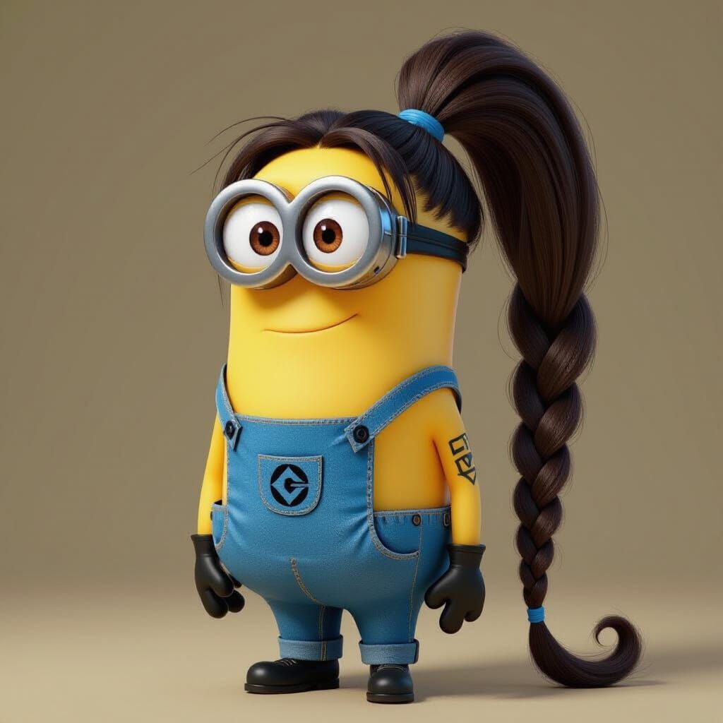 Minion Character with Long Dark Hair and Bicep Tattoo
