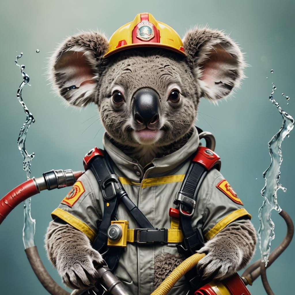 Hyperrealistic Koala Firefighter Portrait in Digital Art