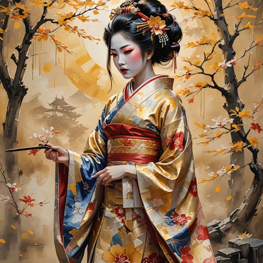 Geisha in Kimono with Impasto Sunny Background