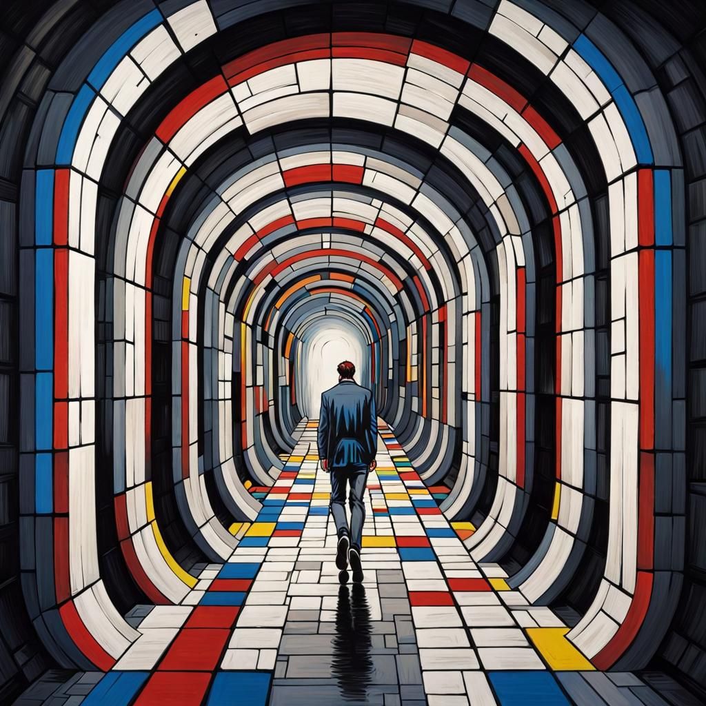 Surreal Mondrian Man in Brutalist Tunnel